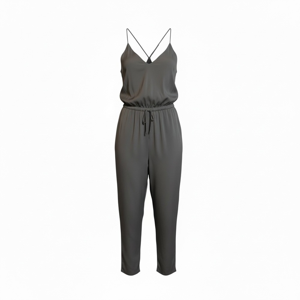 Rory Beca 100% Silk Jumpsuit Gray XS Strappy V Neck Waist Tie Minimalist Chic